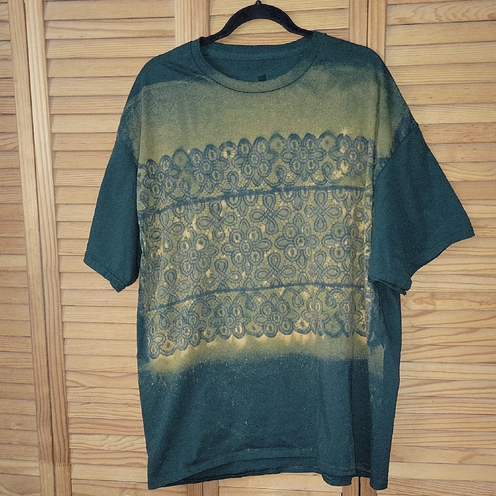 Hanes Green Handmade Bleach Lace Tee One-of-a-Kind Upcycled TShirt Boho Size 2XL
